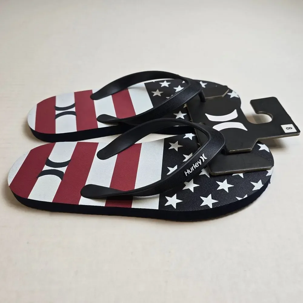 NWT Hurley American Flag Stars & Stripes Mens Size 8 Red White Blue Flip Flops